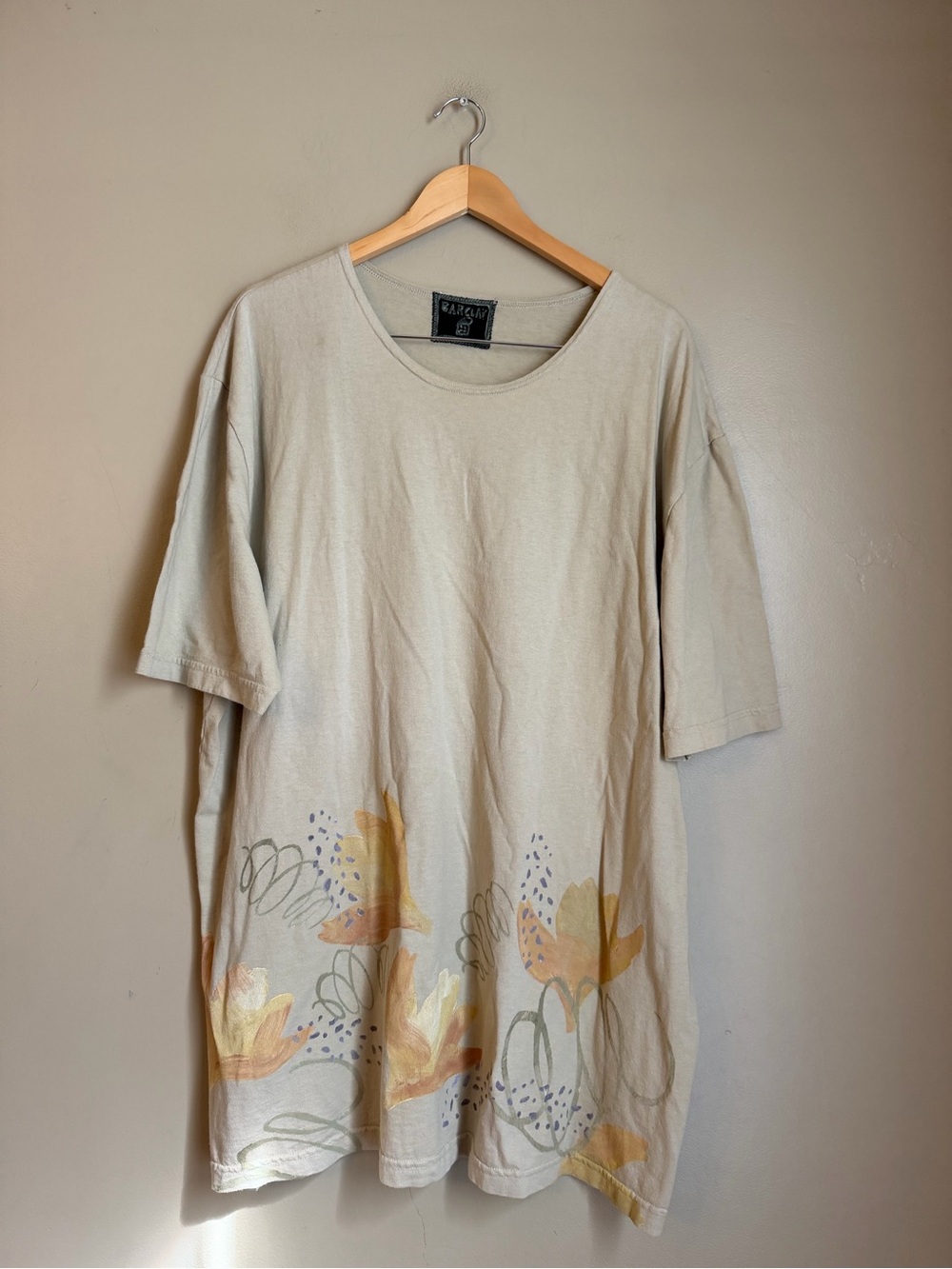 Blue Fish Barclay OS Vtg  Hand Painted Floral Tunic Tan Organic Cotton Lagenlook